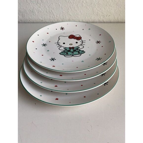 Set Of 4 Sanrio Hello Kitty Ceramic Dinner Plate 10.5” Christmas Tree Snowflake - Picture 3 of 9